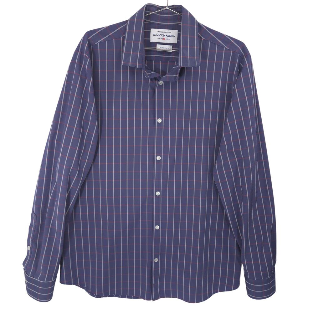 Mizzen Main Shirt Mens XL Navy Blue Windowpane Trim Fit Performance Button Up